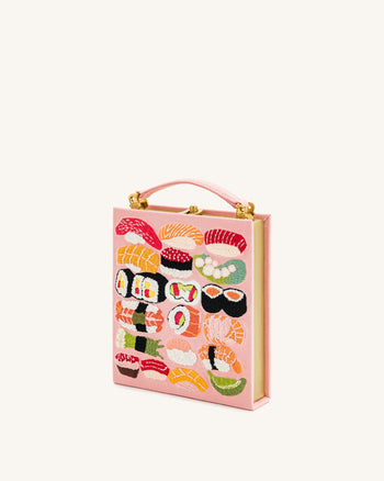 Taya-Sushi Clutch Tasche in Buchform mit Stickmuster - Rosa